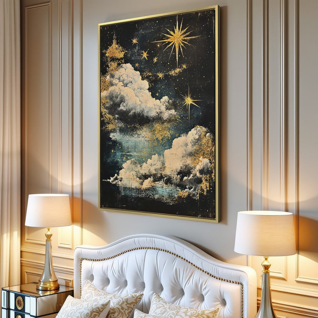 Canvas Print of a celestial night sky with gold accents, displayed in a modern interior. Features dark blue, gold, and white color palette.