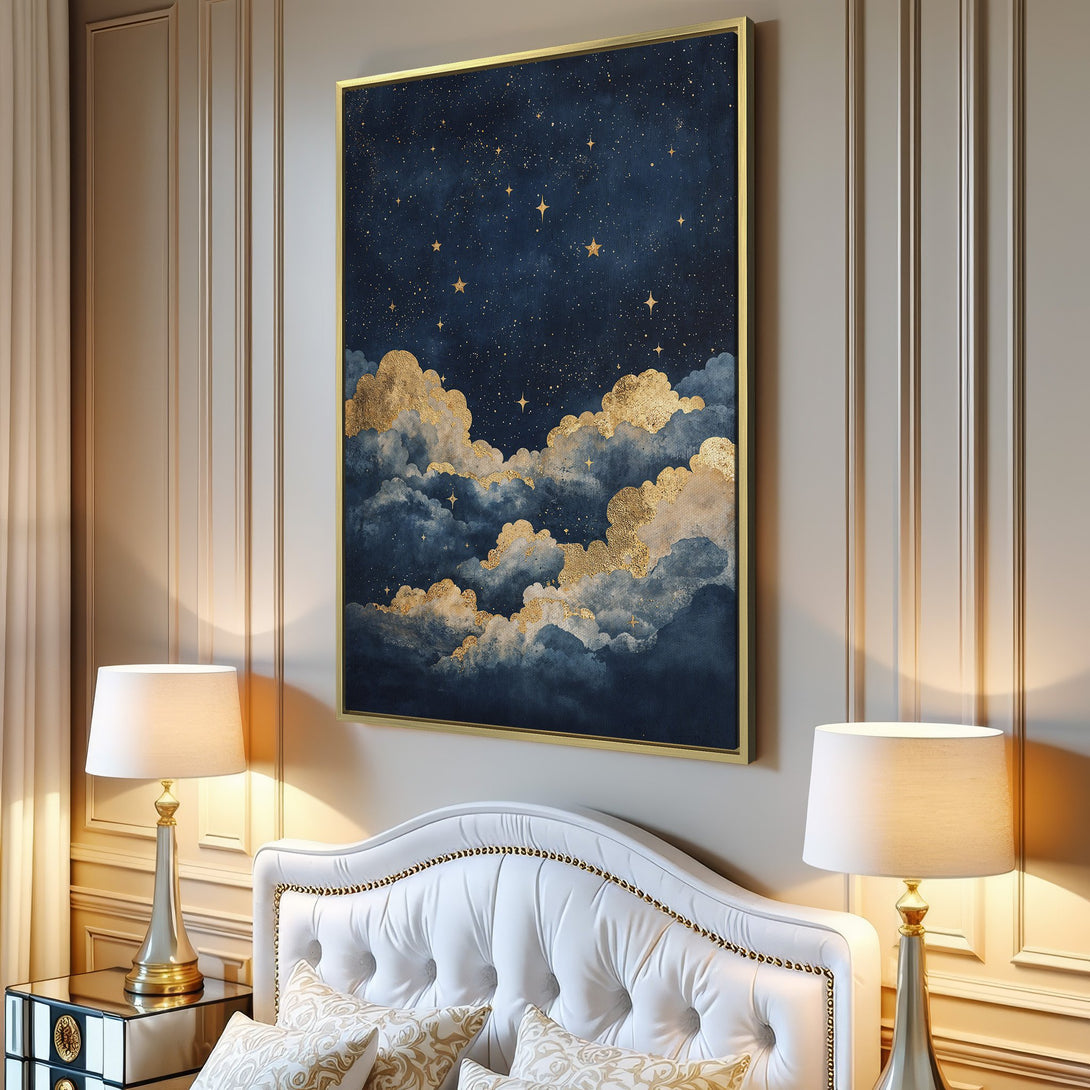 Canvas Print of a dreamy night sky with gold clouds and stars. Blue, gold, and white color palette. Modern wall art for any room.