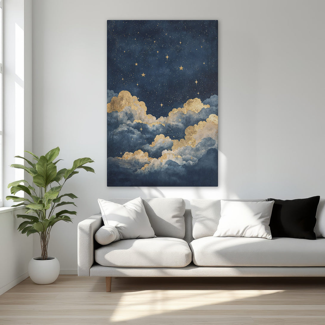 Framed Wall Art of a starry night sky with gold clouds. Elegant, modern art in a blue and gold color palette. Perfect for bedroom decor.
