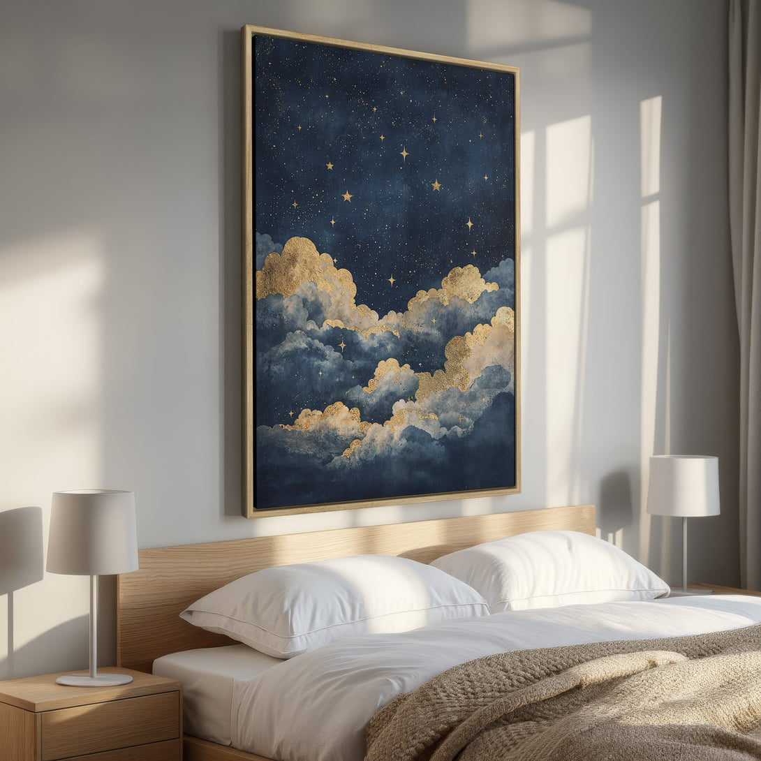 Framed Wall Art: Celestial night sky Canvas Print in a bedroom. Blue, gold, and white color palette. Modern, dreamy art for your home decor.