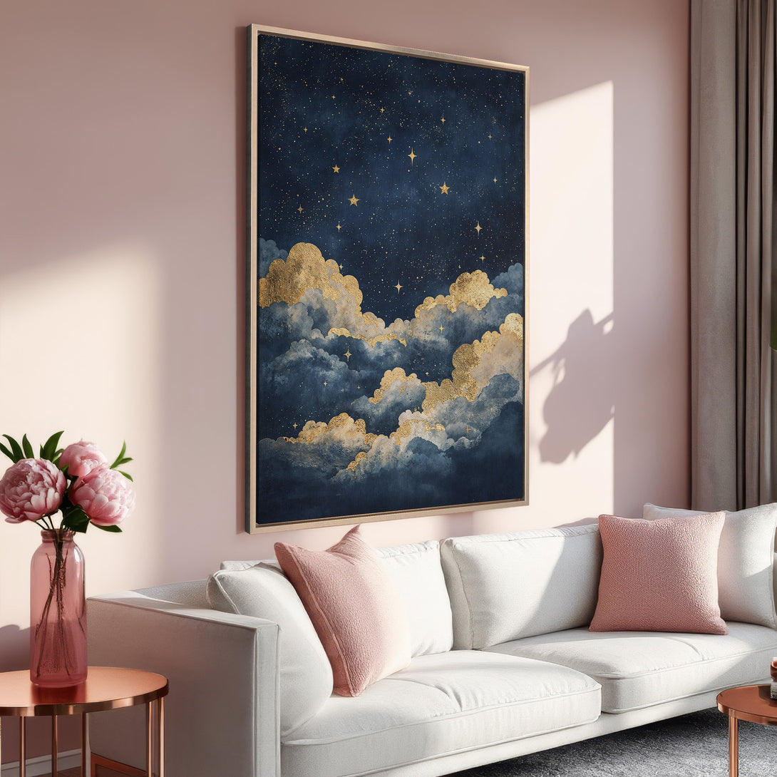 Framed Wall Art featuring a dreamy night sky with gold accents. Perfect for adding a touch of elegance to your living room. Navy, gold, and blush color palette.