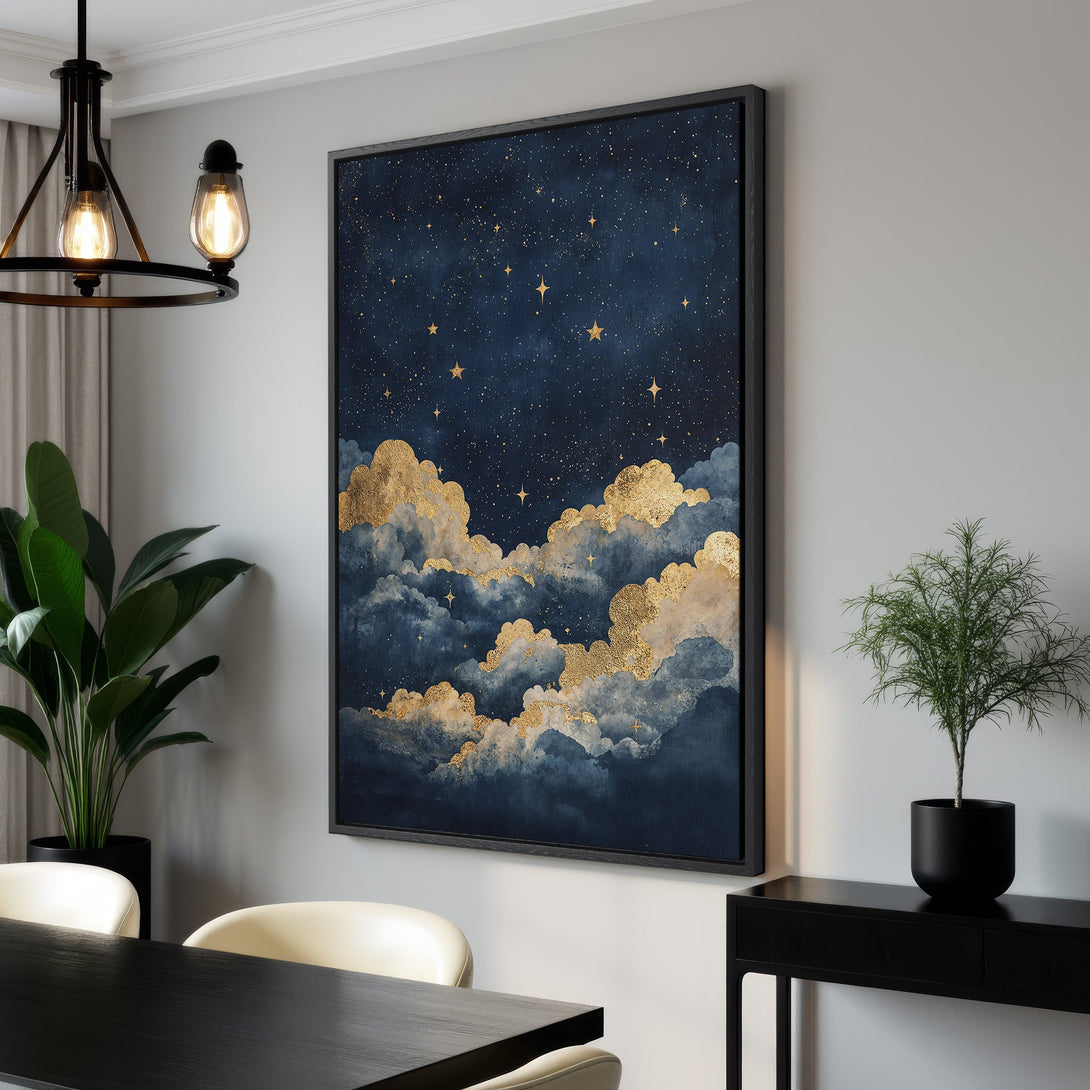 Framed Wall Art: Celestial cloudscape Canvas Print in navy, gold, and blue. Modern art for home decor. Shop now for stunning wall art!