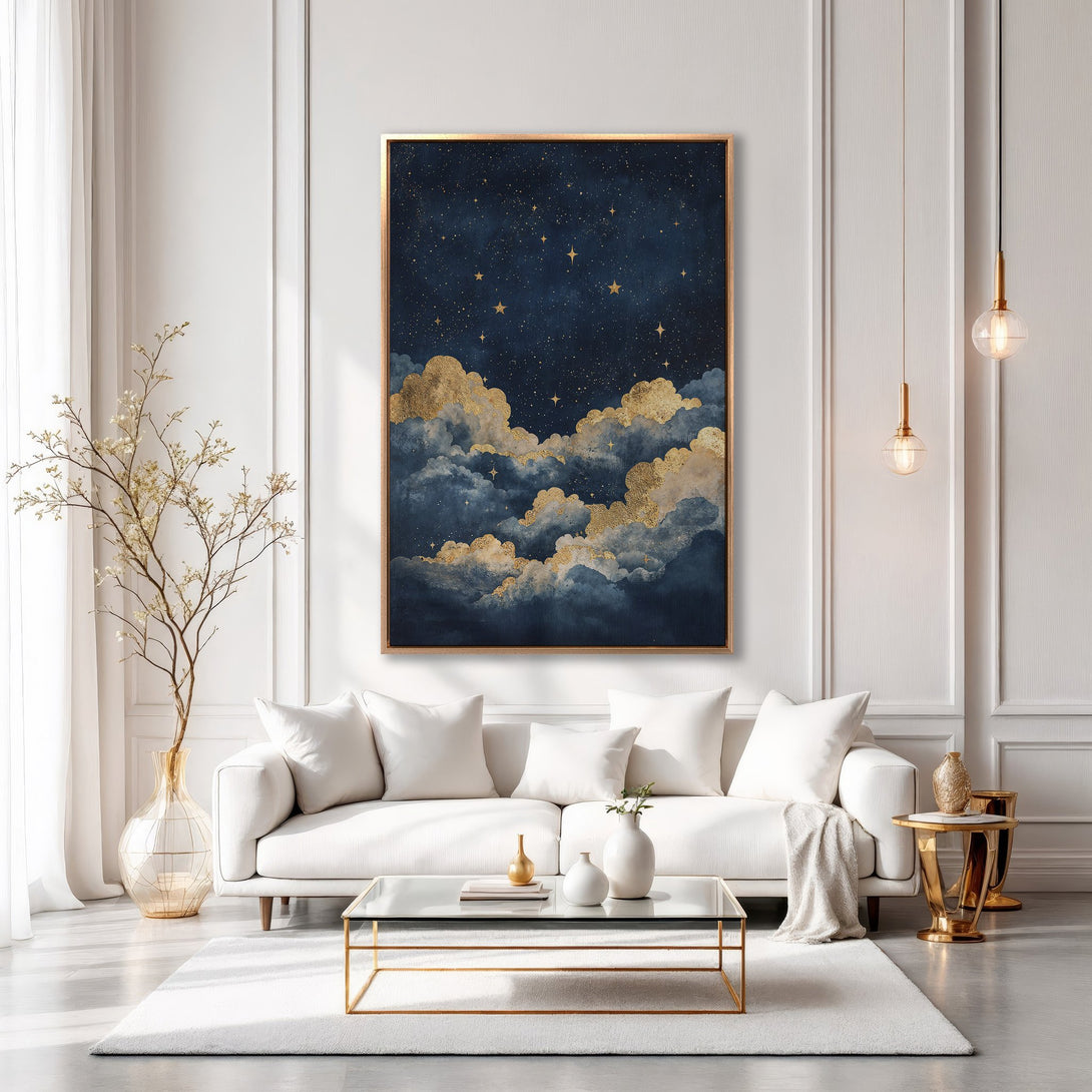 Framed Wall Art: Celestial cloudscape in navy and gold. Modern, elegant Canvas Print adds a touch of luxury to any interior. Shop now!