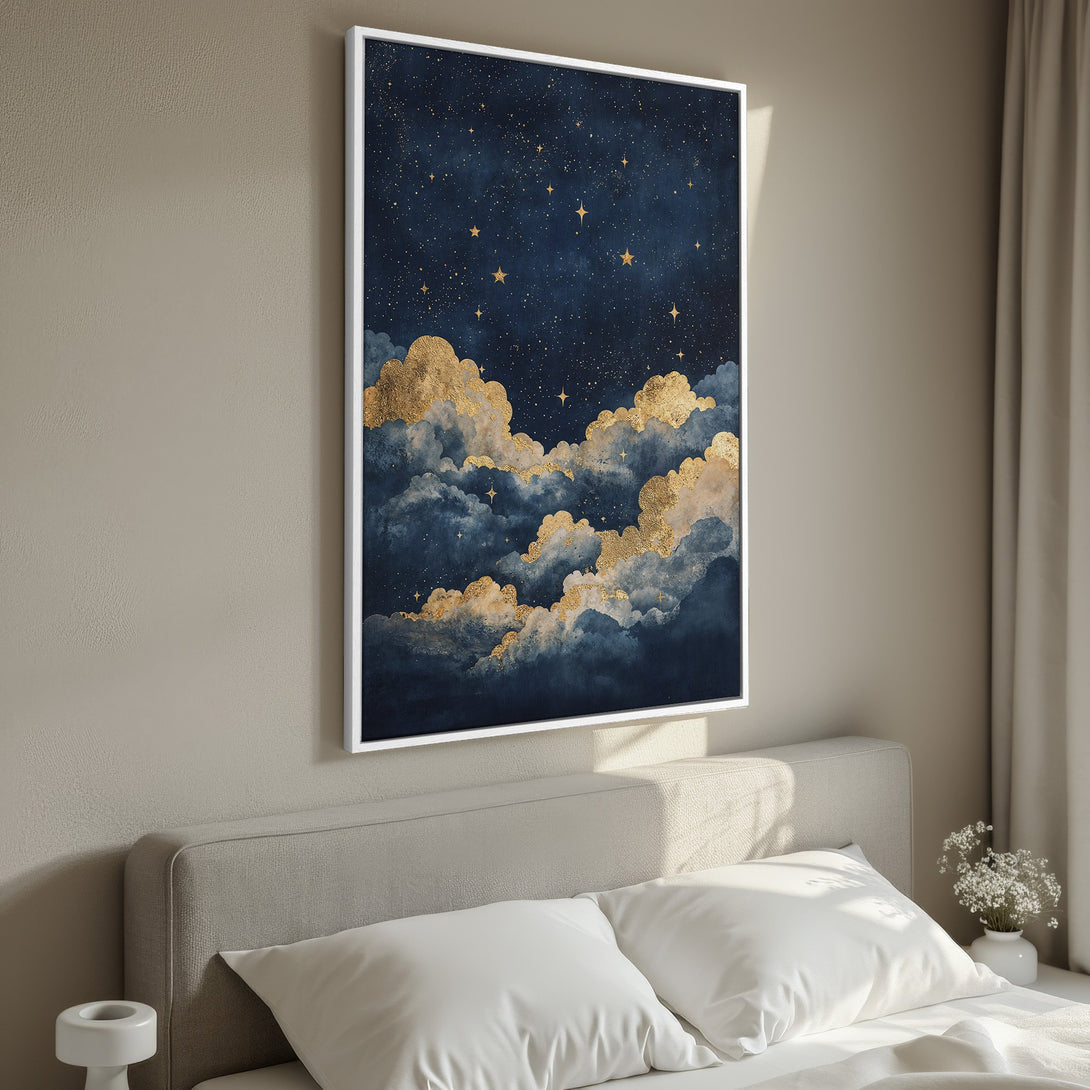 Framed Wall Art: Stunning night sky canvas print with gold clouds & stars. Dark blue & gold color palette, perfect for bedroom decor. Add a touch of elegance!