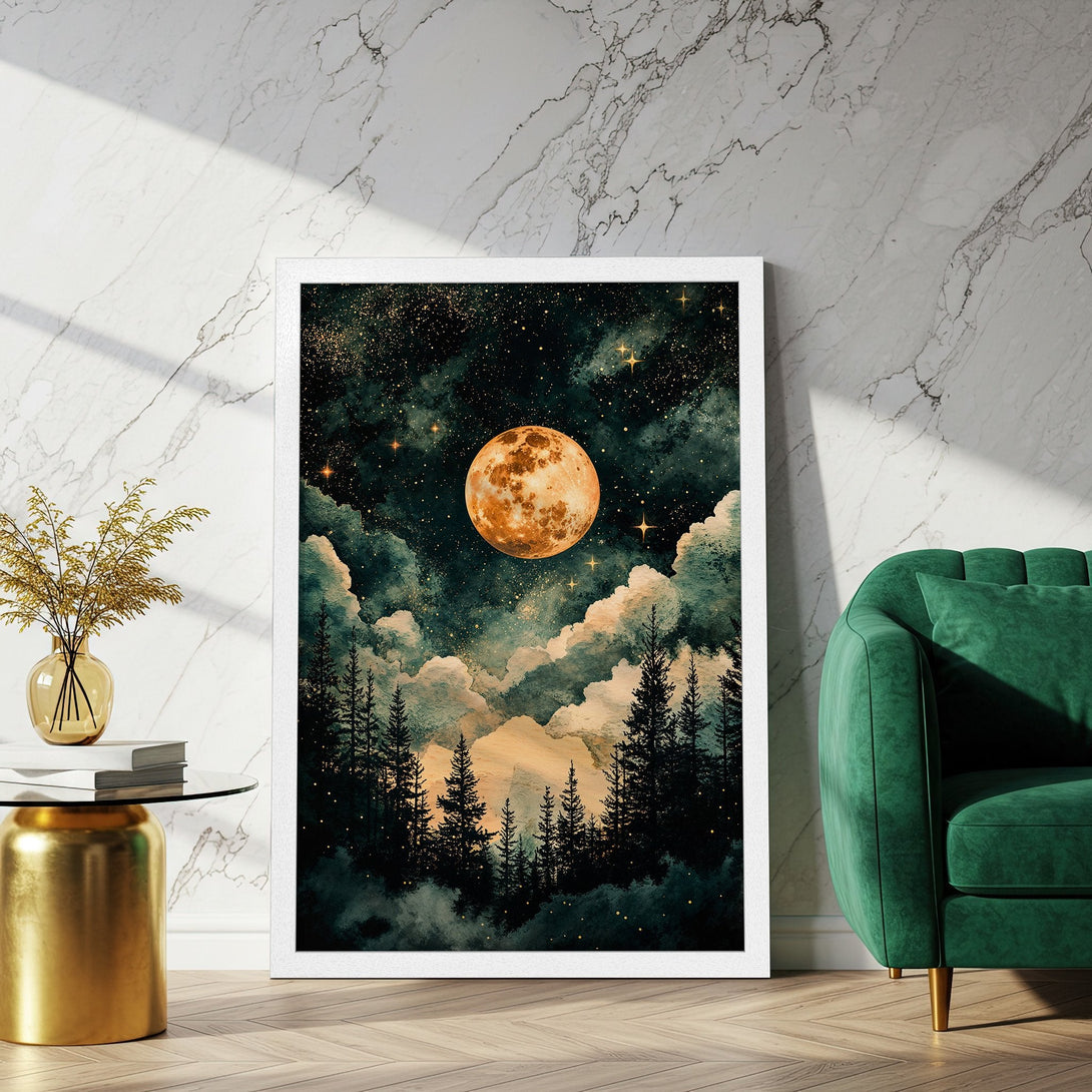 Framed Poster featuring a watercolor style night sky with a moon. Dark green, gold, and orange color palette. Perfect wall art.