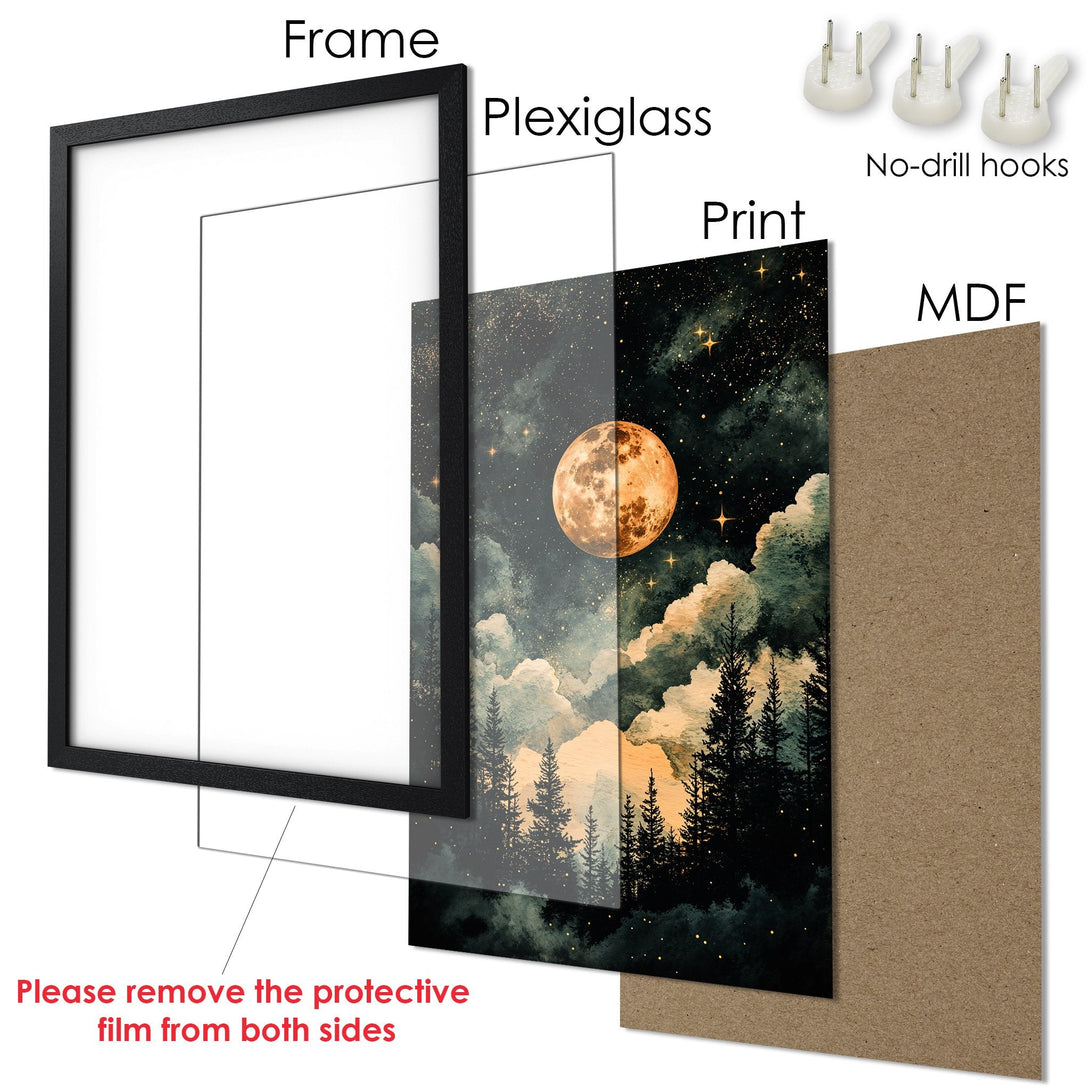 Framed Poster of a night sky with a full moon. Artistic style with a dark, moody color palette. Perfect wall art for any room.