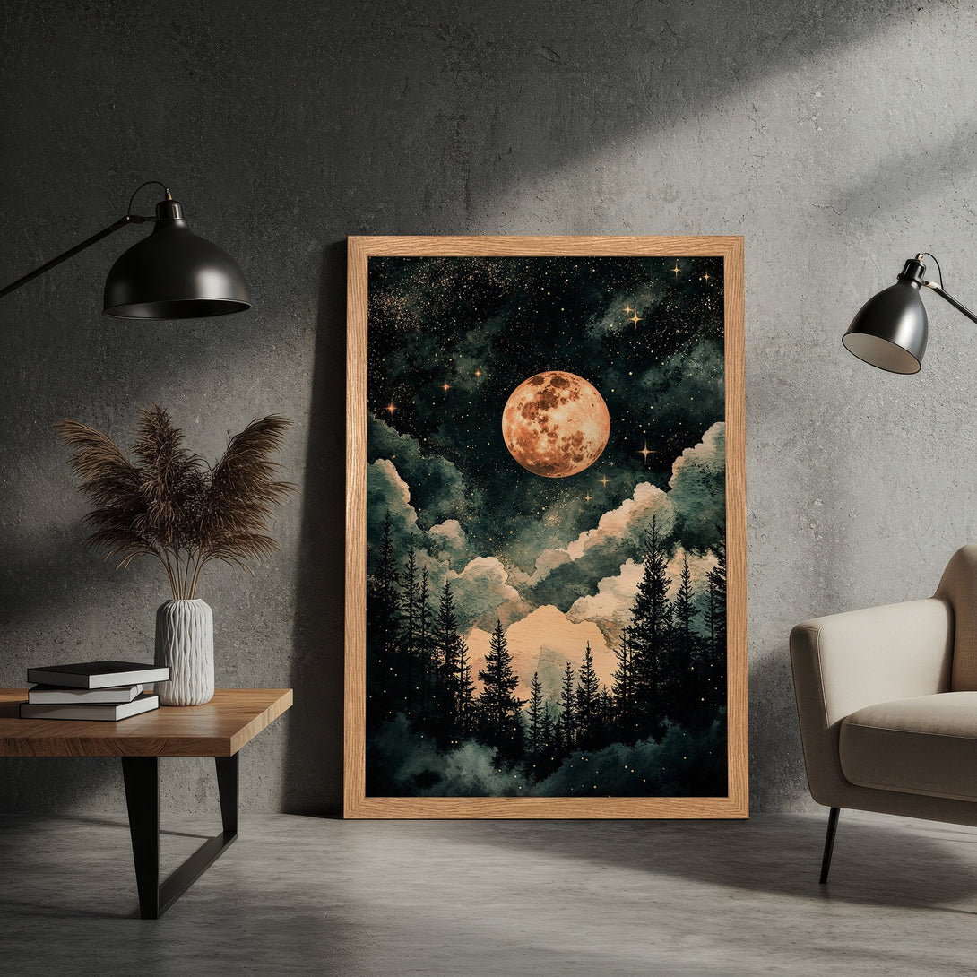 Framed Poster featuring a mystical forest scene with a full moon, in a watercolor style with a dark green and orange color palette.