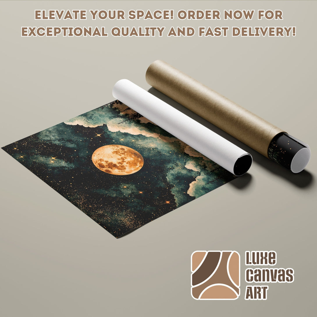 Stunning celestial Poster Roll art in teal, gold, and brown. Elevate your space with this beautiful print!
