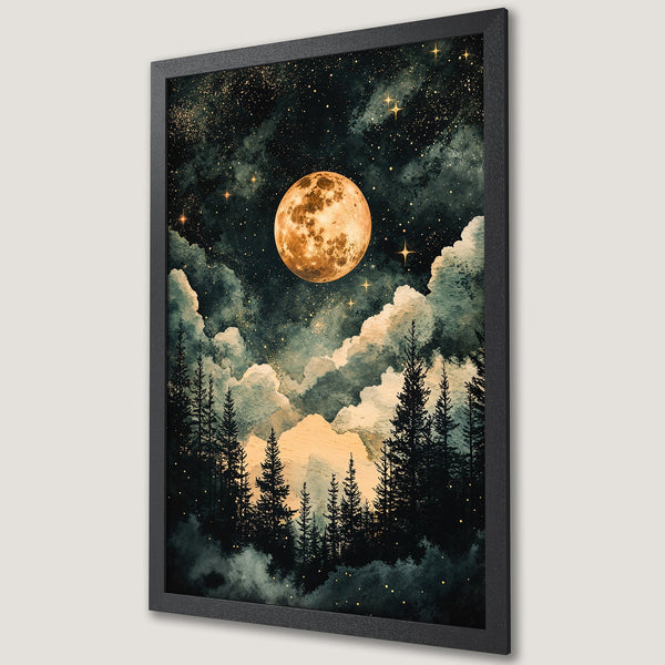 Framed Poster featuring a mystical night scene with a full moon, forest, and stars. Dreamy watercolor style with dark green and gold tones.