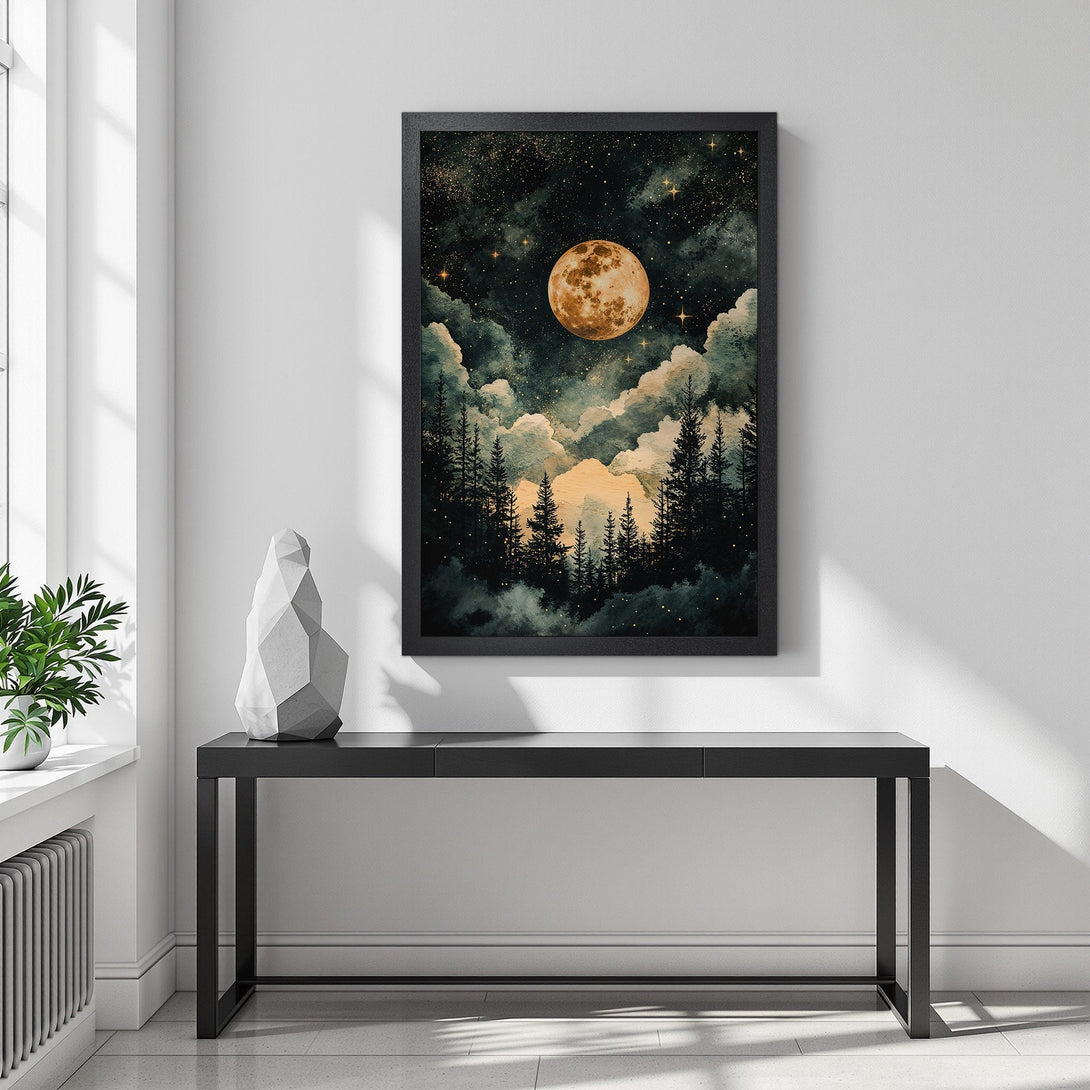 Framed Poster featuring a mystical moonlit forest scene in a watercolor style, with a dark, moody color palette. Enhance your space!