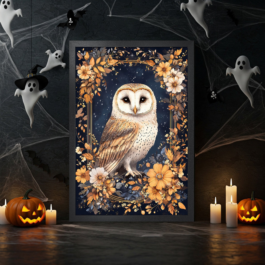 Framed Poster featuring a majestic owl in a floral arrangement, with a dark blue and gold color palette, perfect for Halloween decor.