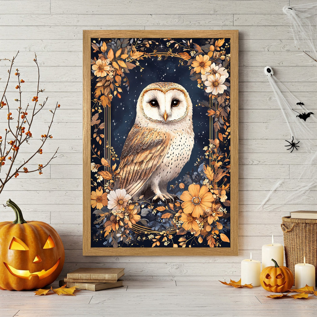 Framed Poster featuring a majestic owl surrounded by floral elements in a dark blue and gold color palette. Perfect Halloween decor!
