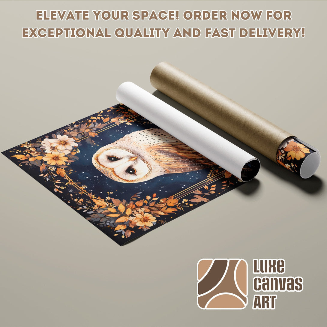 Owl Poster Roll with floral design, dark blue and gold palette. Perfect for home decor.