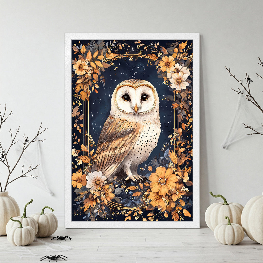 Framed Poster featuring a majestic owl surrounded by autumn florals, dark blue background, warm gold and orange tones. Perfect wall art!