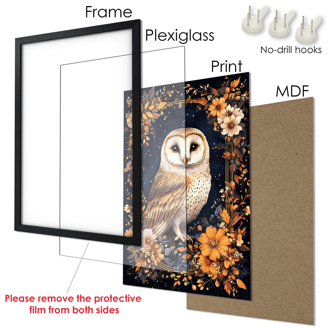 Framed Poster featuring a detailed owl illustration in a warm, floral style with a dark, moody color palette. Ready to hang!