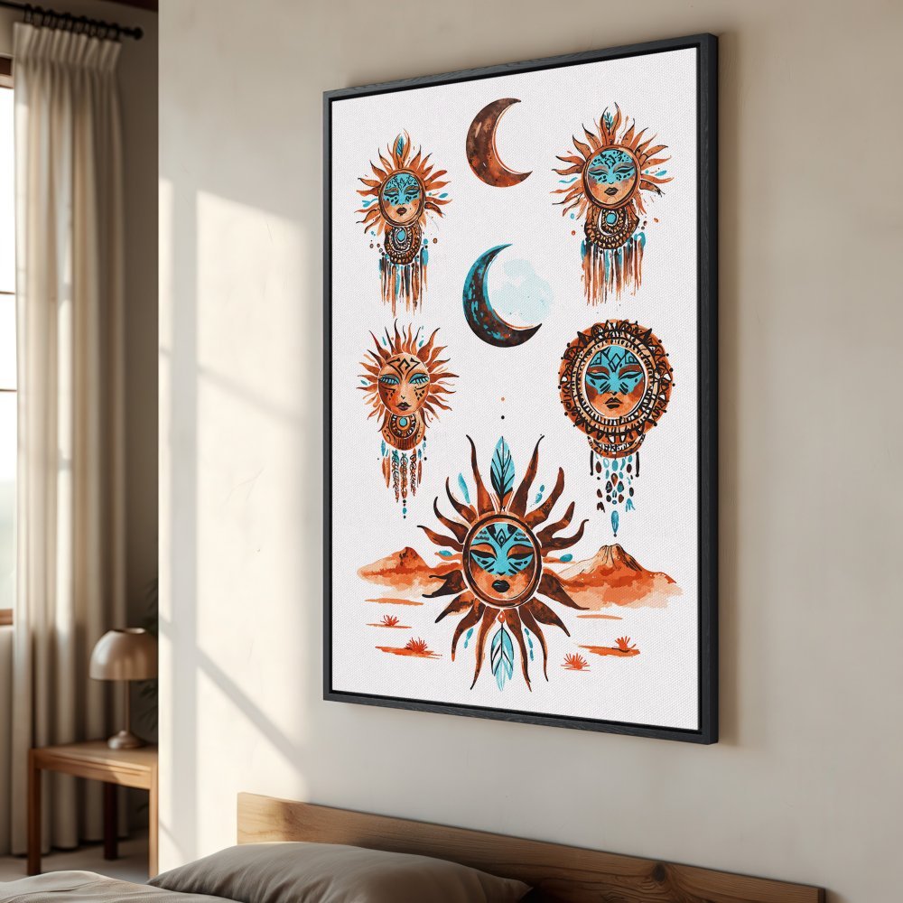 Framed Wall Art: Boho sun & moon watercolor print in warm orange & teal tones. Elevate your space with this unique, artistic canvas.