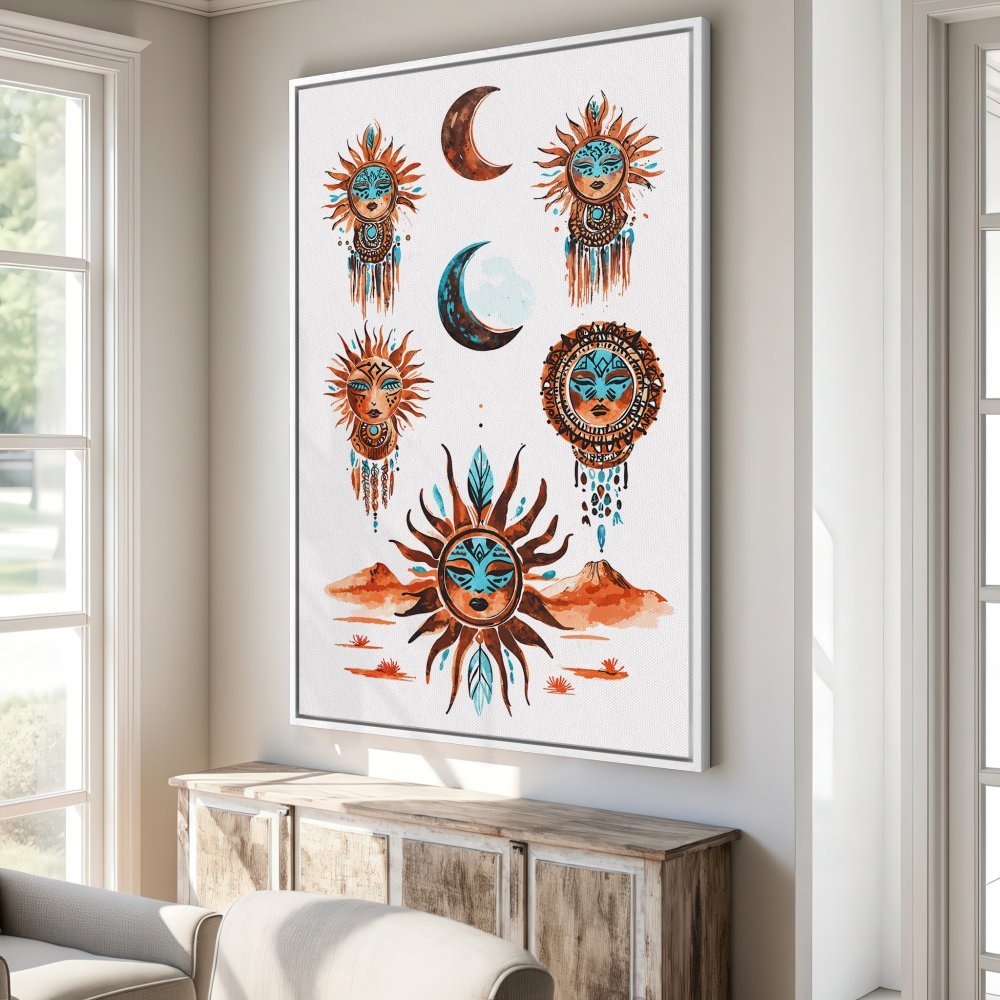 Bohemian Canvas Print featuring sun and moon watercolor art in warm orange and teal tones, perfect wall decor for a cozy home.