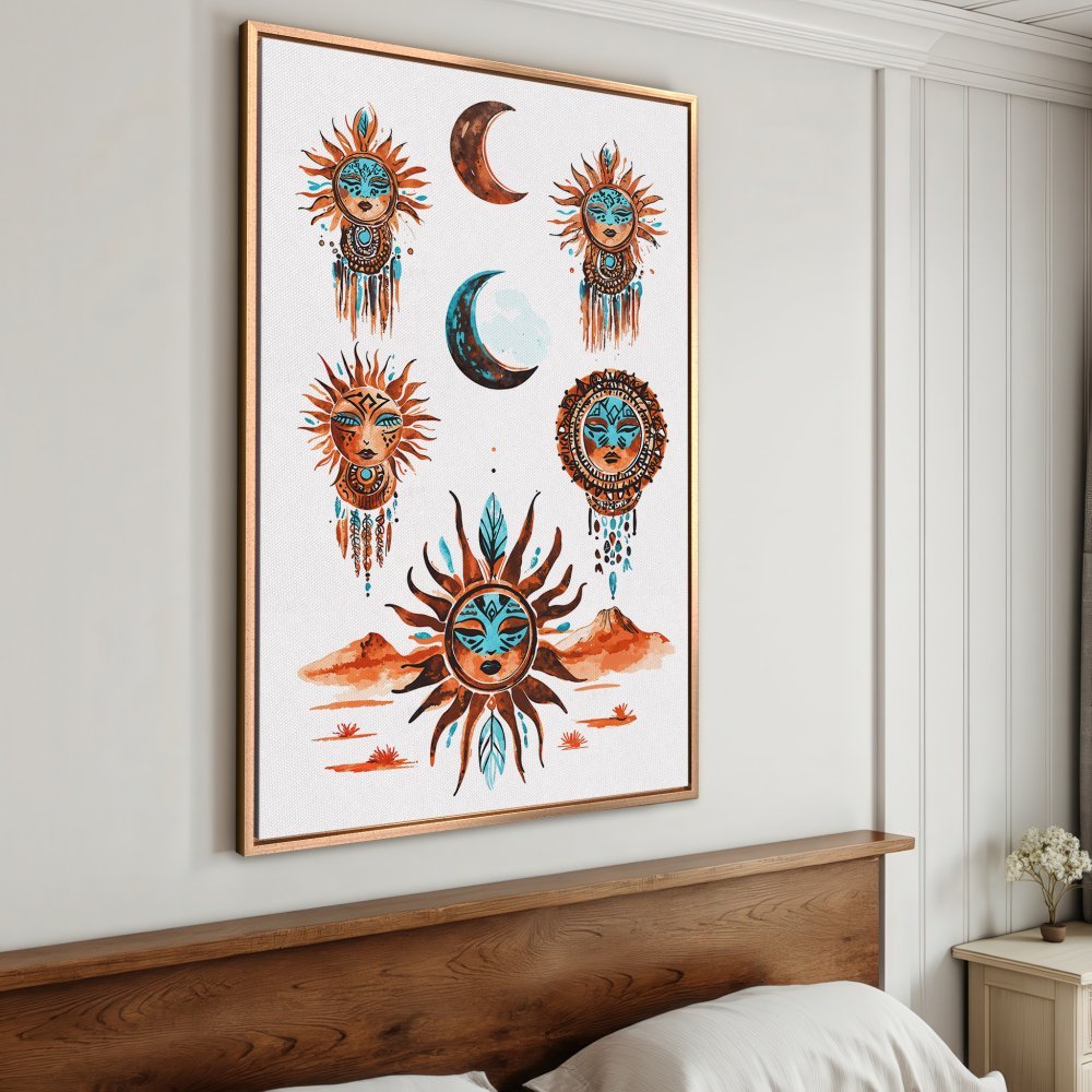 Framed Wall Art featuring watercolor sun and moon illustrations in a bohemian style. Warm orange, brown, and turquoise color palette. Perfect for bedroom decor.
