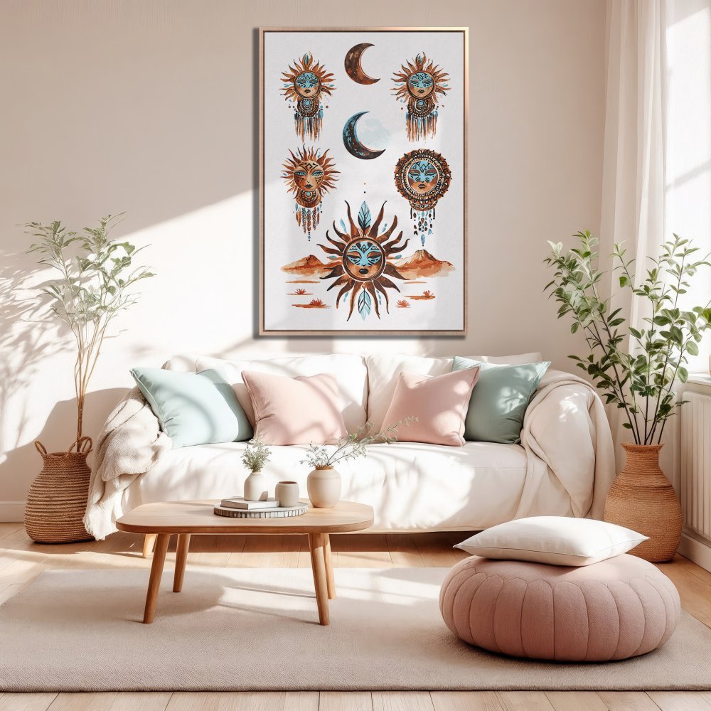 Framed Wall Art: Boho sun and moon watercolor print in warm earth tones. Perfect for living room decor, adds a touch of bohemian style.
