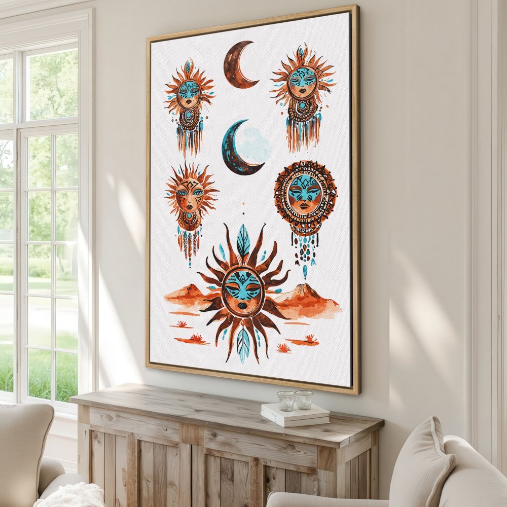Bohemian Canvas Print featuring sun & moon watercolor art in earthy tones. Add a touch of boho style to your home decor!