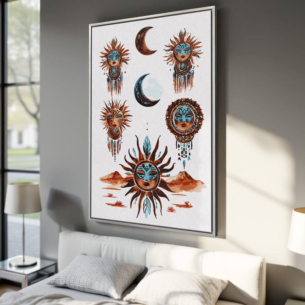 Framed Wall Art: Bohemian sun and moon watercolor art print in warm earth tones and teal. Perfect for adding a touch of boho style to your bedroom.