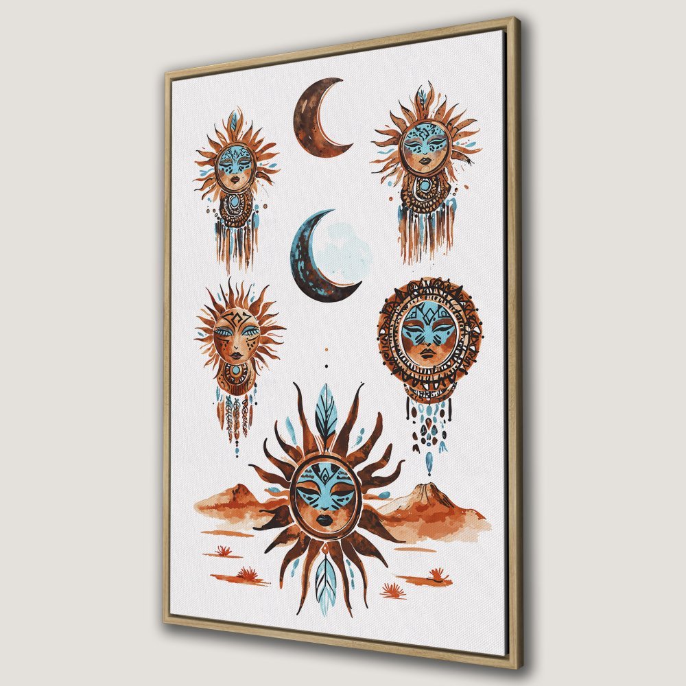 Bohemian Canvas Print featuring sun and moon watercolor art in warm earth tones. Perfect wall decor for a boho aesthetic.