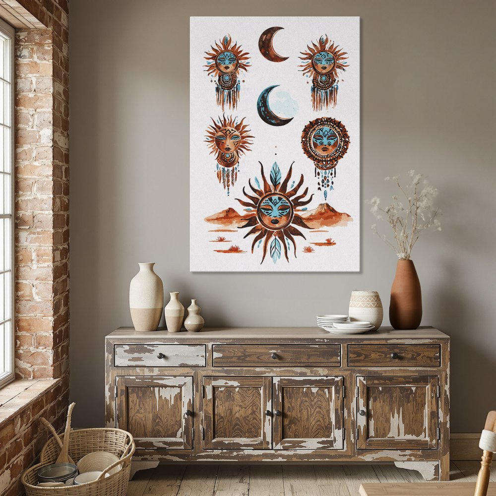 Framed Wall Art: Boho sun and moon watercolor print in warm orange and teal tones. Perfect for dining room decor.