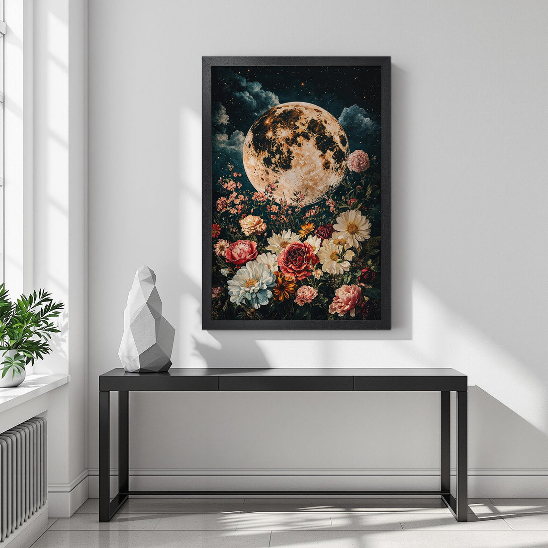Framed Poster featuring a full moon over a floral garden, vintage style, with a dark, moody color palette. Perfect wall art!
