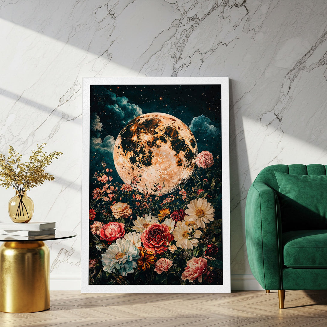 Framed Poster featuring a celestial moon and floral art in a vintage style with a dark, moody color palette. Perfect wall decor!