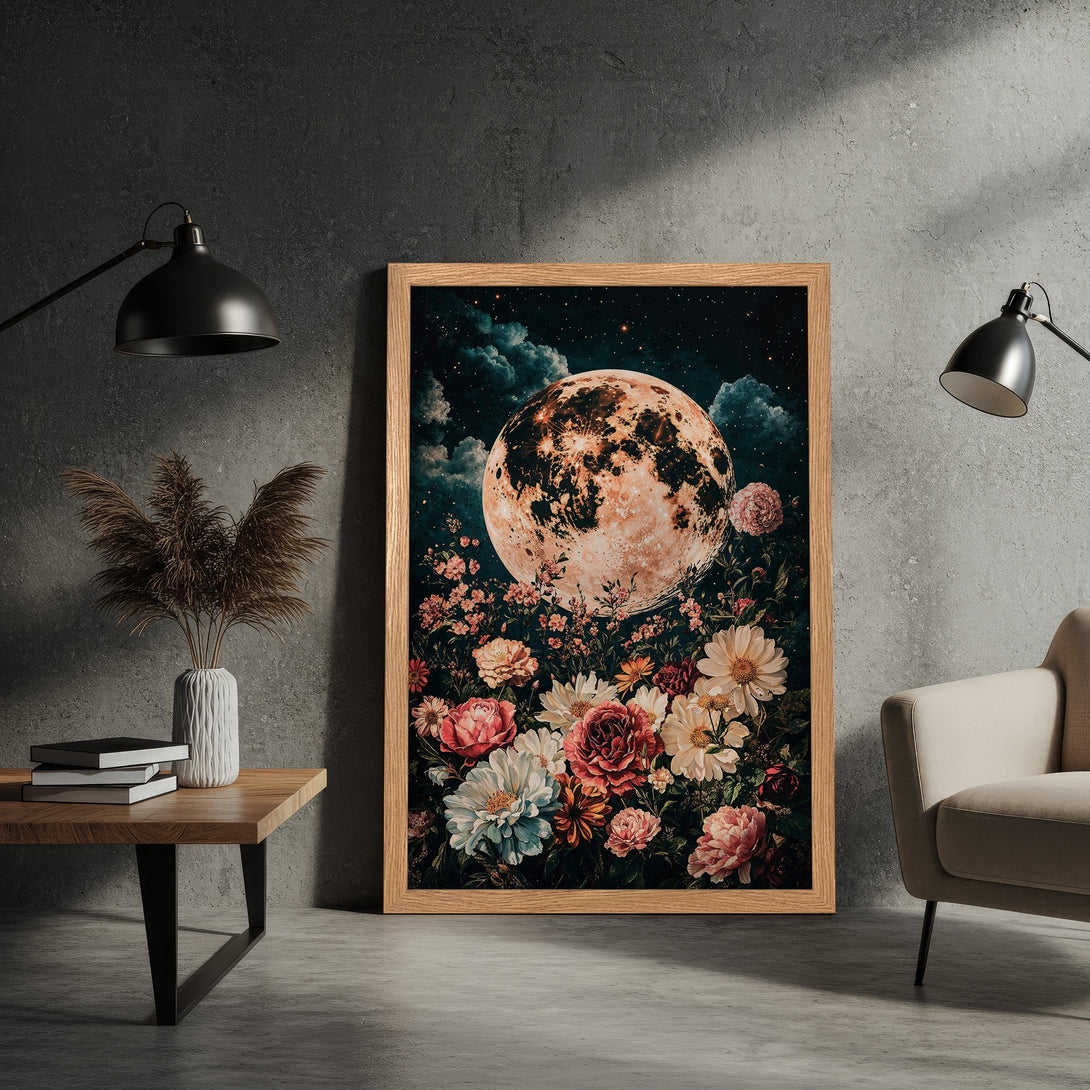 Framed Poster featuring a surreal moon and floral design, in a vintage style with a dark, moody color palette. Perfect wall art!