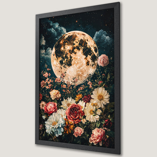 Framed Poster featuring a celestial moon and floral design, in a vintage style with a dark, moody color palette. Perfect for home decor.