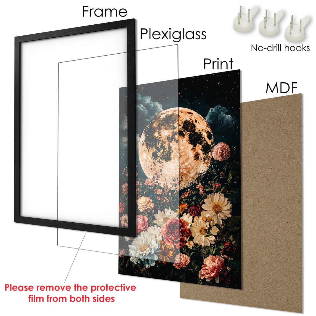 Framed Poster featuring a celestial moon and floral design. Dark, moody style with a warm color palette. Perfect wall art!