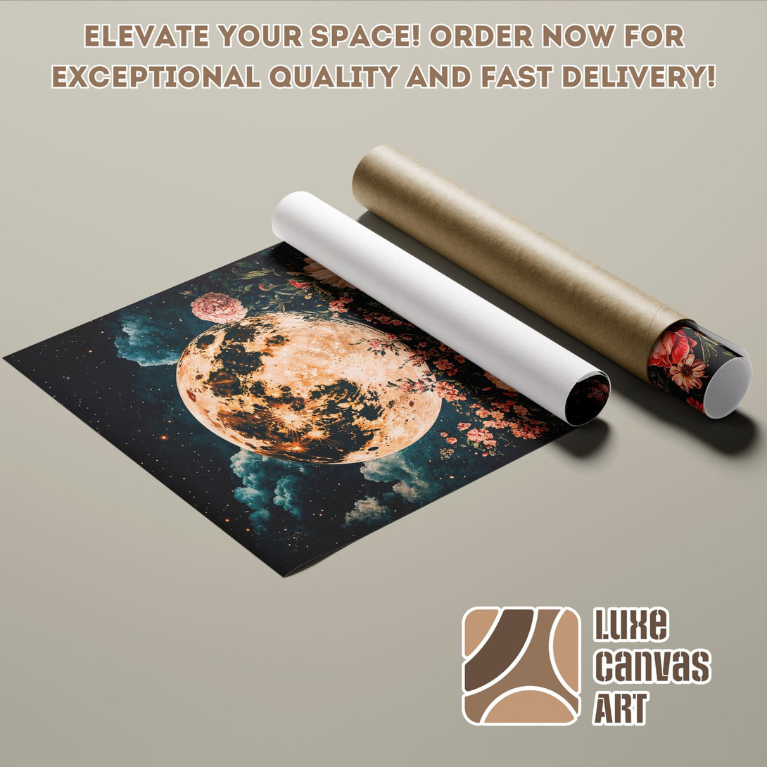 Poster Roll featuring a celestial moon and floral design, with a dark blue/orange/pink color palette. Order yours today!