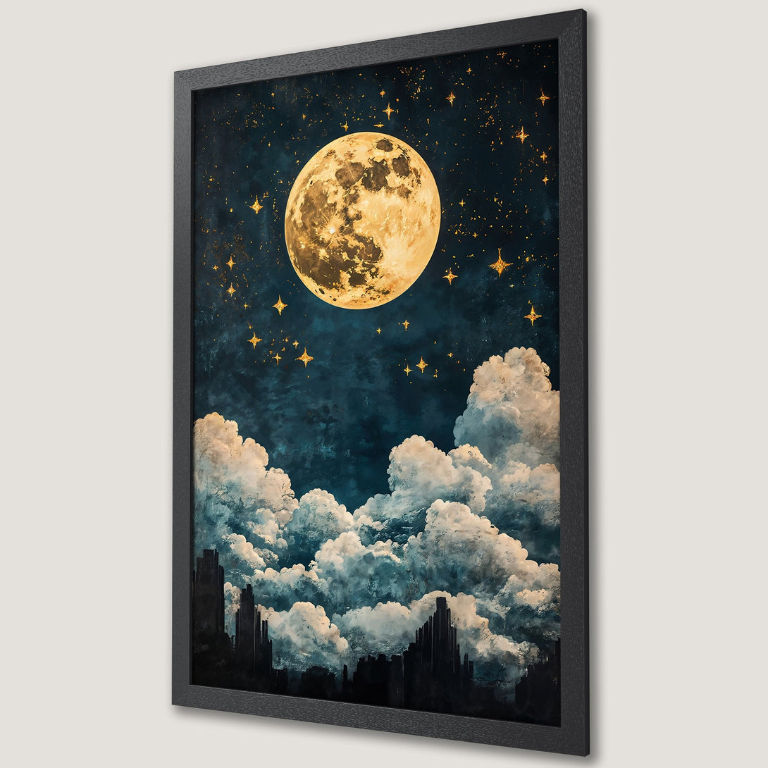 Framed Poster featuring a dreamy night sky with a moon and stars, in a dark blue and gold color palette. Perfect wall art.
