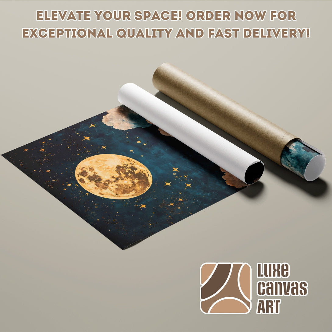 Poster Roll featuring a celestial moon and stars art print, dark blue and gold palette.