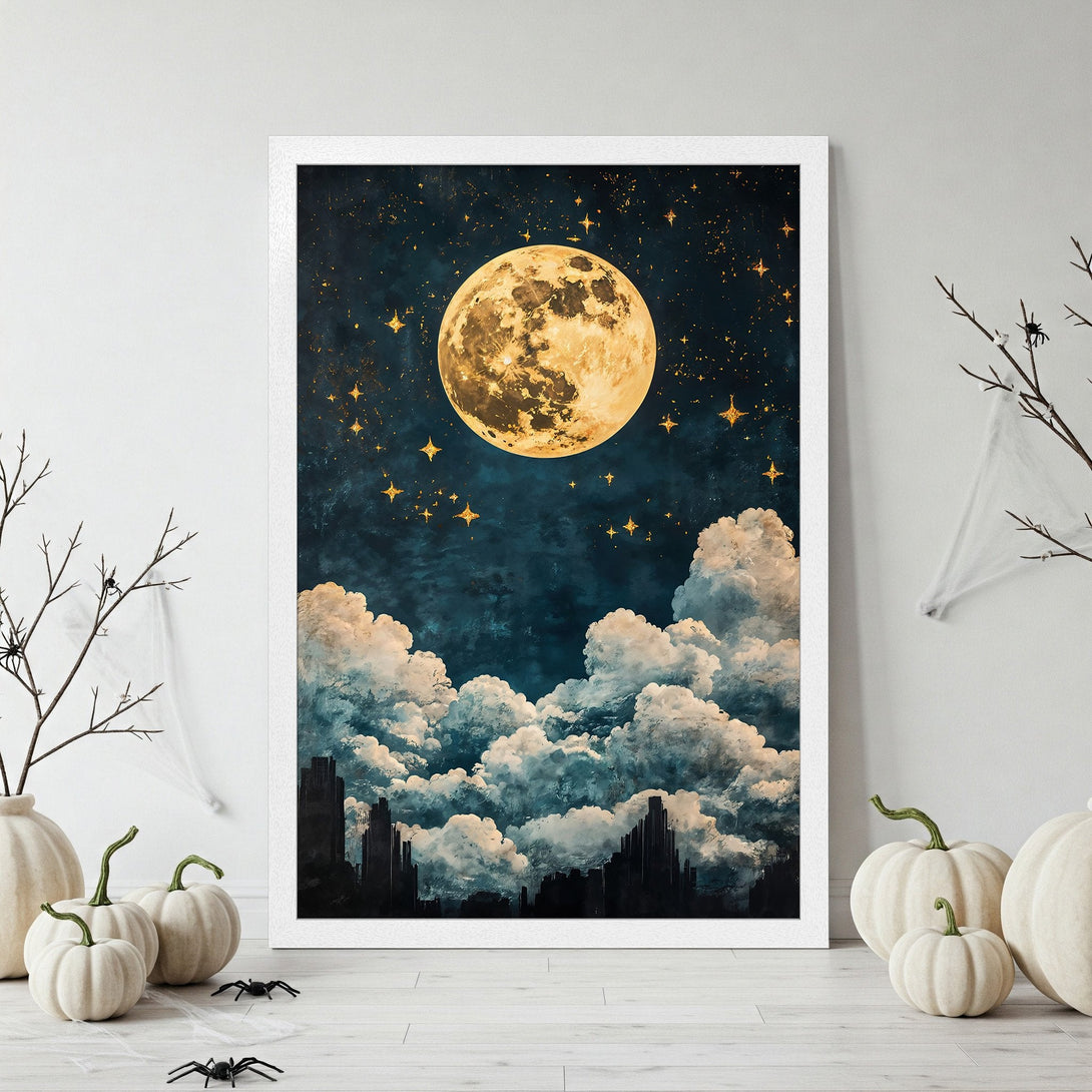 Framed Poster featuring a celestial night scene with a moon, stars, and clouds. Artistic style, dark blue and gold color palette.