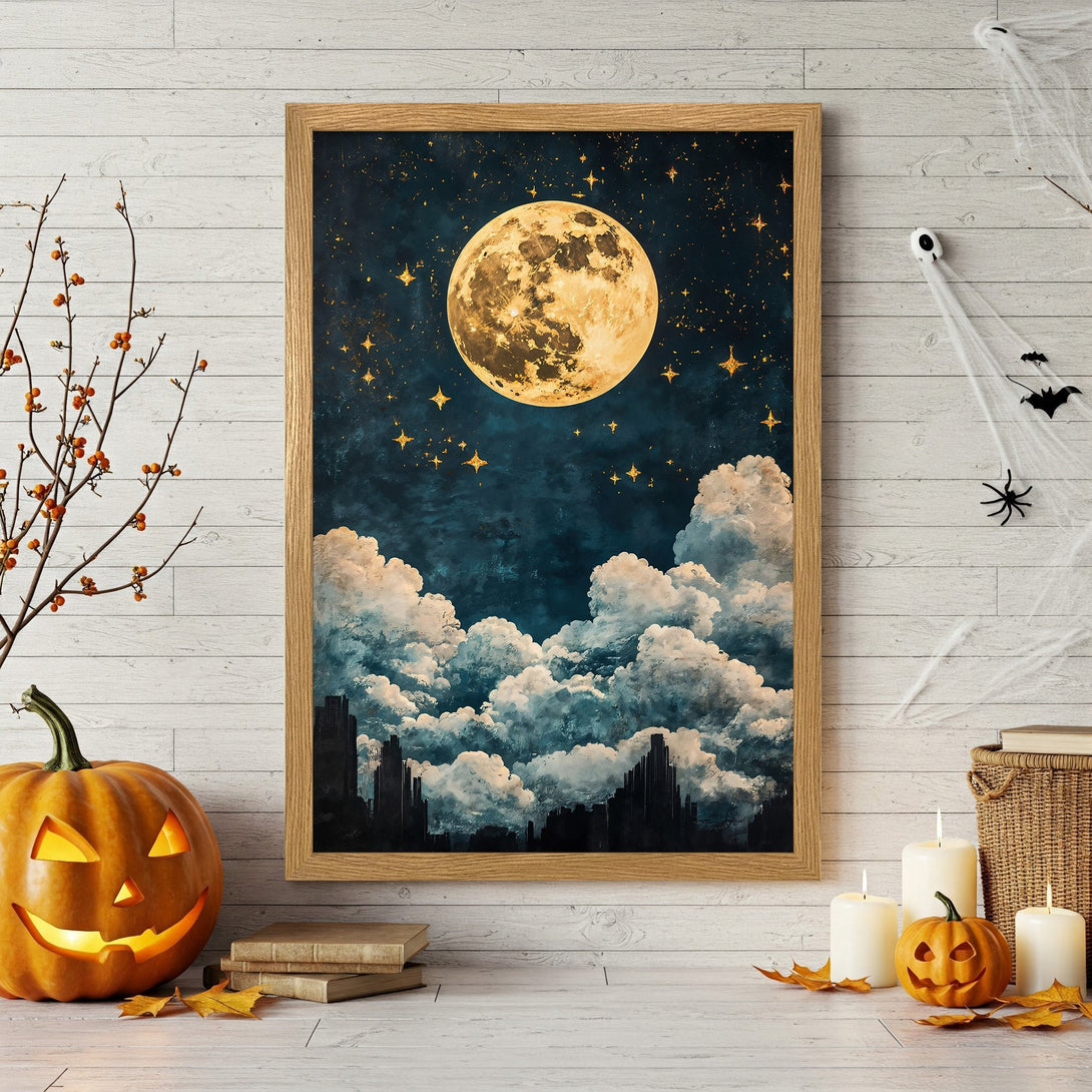 Framed Poster featuring a dreamy night sky with a full moon and stars. Dark blue, gold, and white color palette. Perfect Halloween decor!
