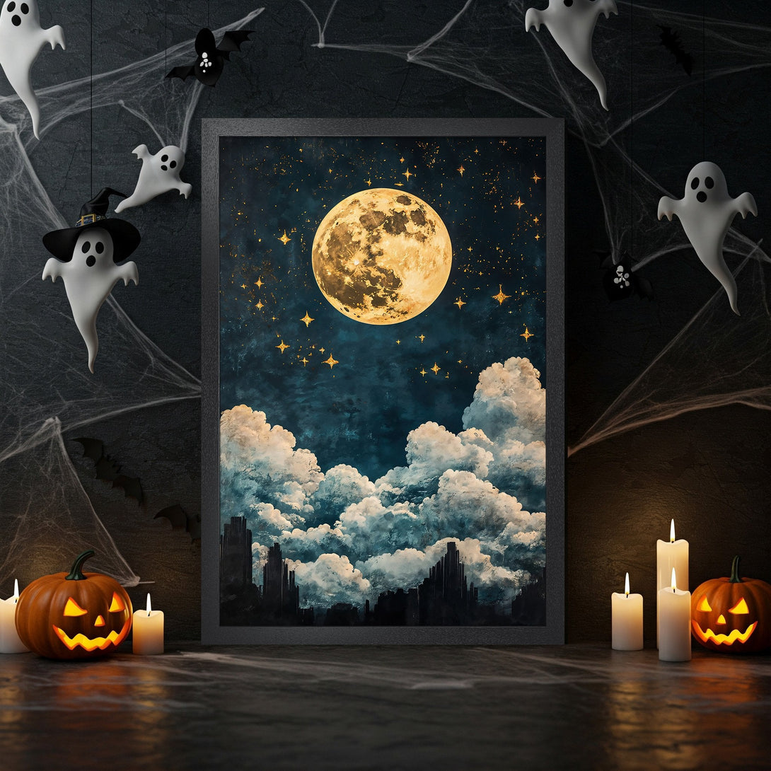 Framed Poster featuring a spooky night sky with a full moon. Dark blue and gold color palette, perfect Halloween decor. Get yours today!