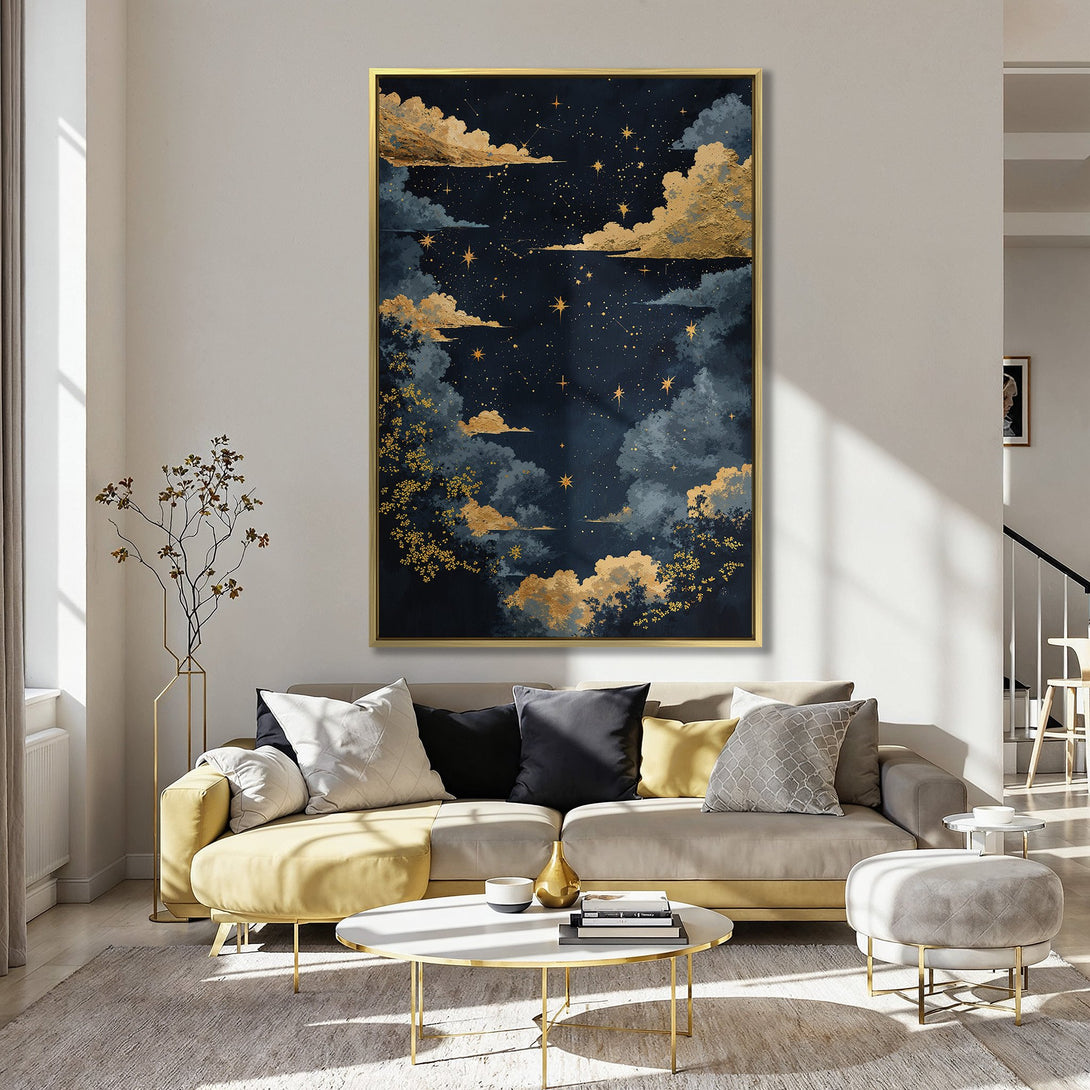 Canvas Print featuring a celestial night sky in a dreamy, watercolor style with gold accents. Dark blue and gold color palette. Perfect wall art.