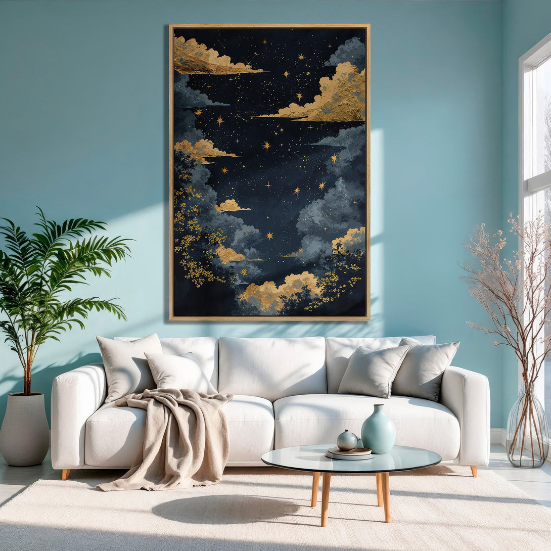 Framed Wall Art: Celestial night sky canvas print with gold accents. Adds a touch of elegance with its dark blue and gold color palette.