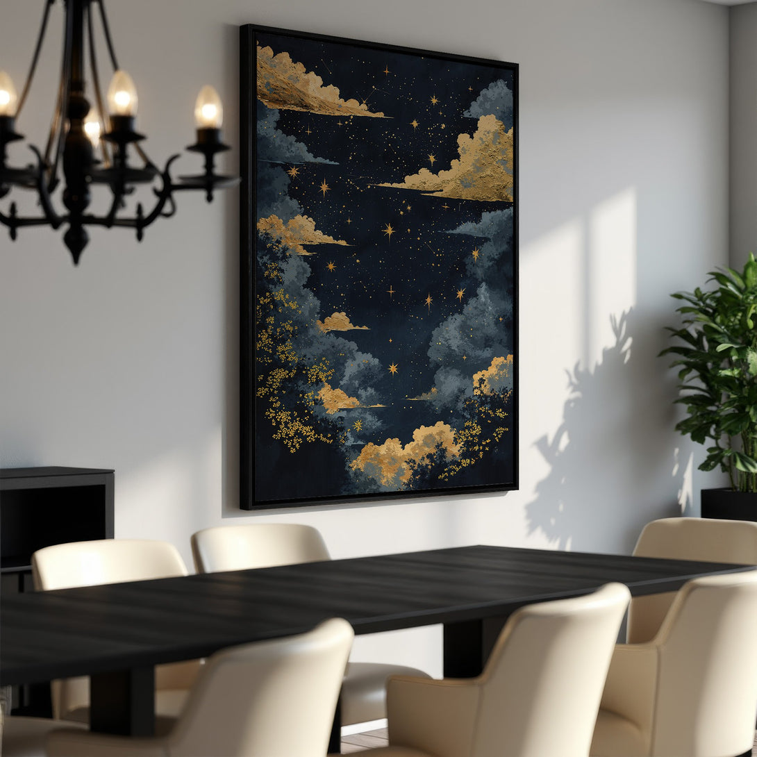 Framed Wall Art: Celestial night sky art in navy, gold, and gray. Modern canvas print adds a touch of elegance to any dining room.