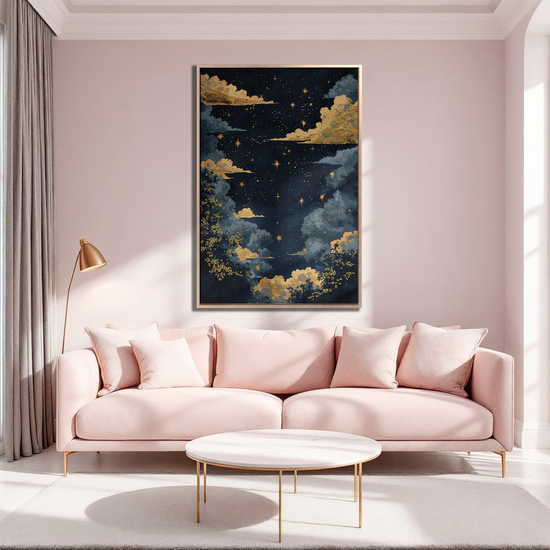 Framed Wall Art: Celestial night sky Canvas Print in gold, navy, and blush tones. Perfect for adding a touch of elegance to your living room.