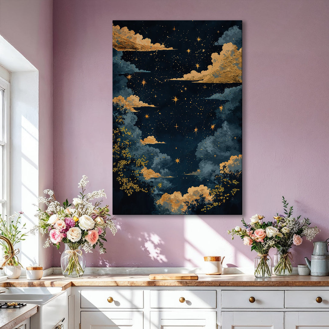 Framed Wall Art: Celestial night sky canvas print in gold, navy, and grey. Modern abstract art for home decor, perfect for living rooms.