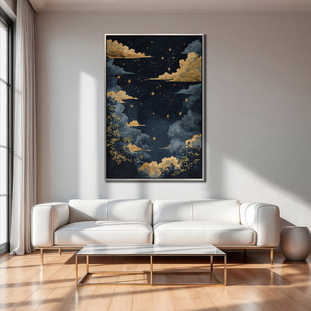 Framed Wall Art: Celestial night sky art print with gold accents. Modern decor in a navy and gold color palette, perfect for living room or bedroom.