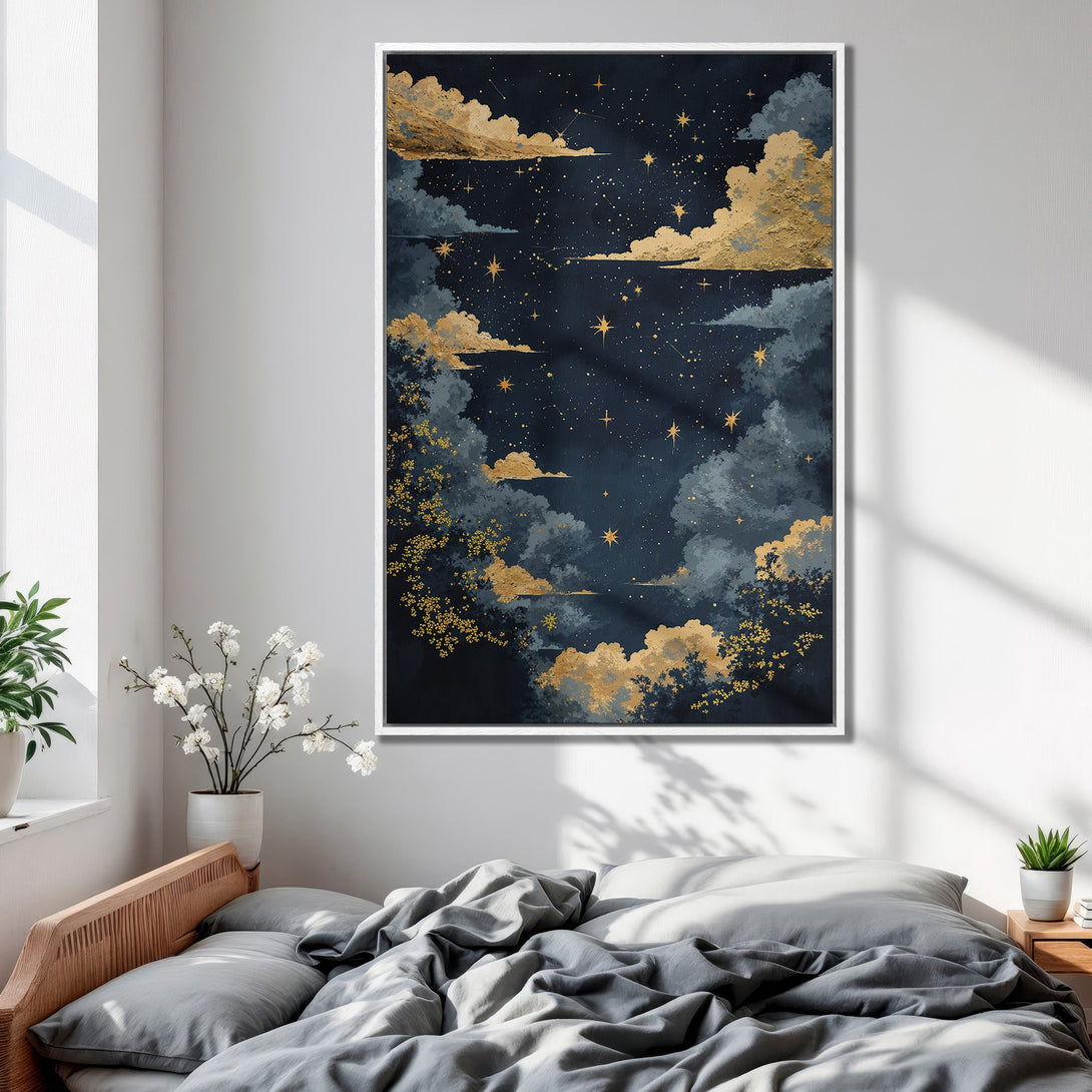 Framed Wall Art: Celestial night sky canvas print with gold accents and navy blue background. Modern art for bedroom decor.