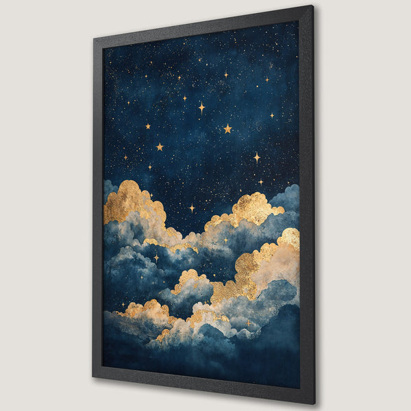 Framed Poster featuring a dreamy night sky with gold clouds and stars, in a deep blue and gold color palette. Perfect wall art!