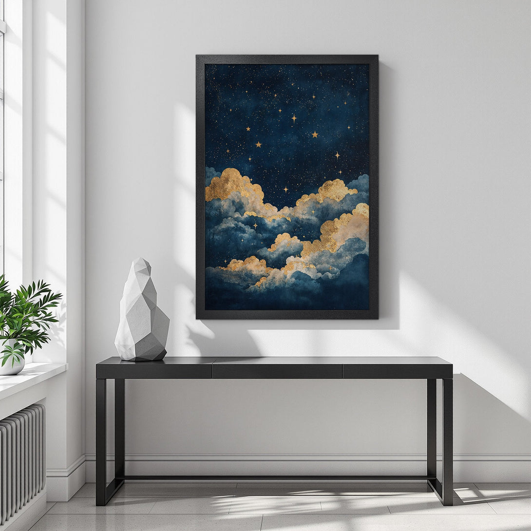 Framed Poster featuring a celestial night sky with gold clouds. Modern art style, blue and gold color palette for a dreamy aesthetic.