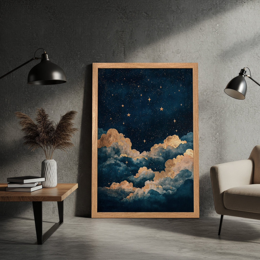 Framed Poster featuring a dreamy night sky with gold accents. Beautiful teal and gold color palette, perfect wall art for any room.