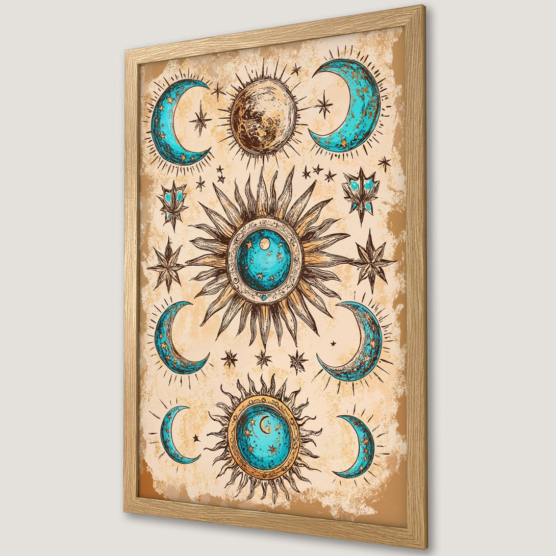 Framed Poster featuring celestial design with sun, moons, and stars in teal and gold on a vintage-style background. Perfect wall art!