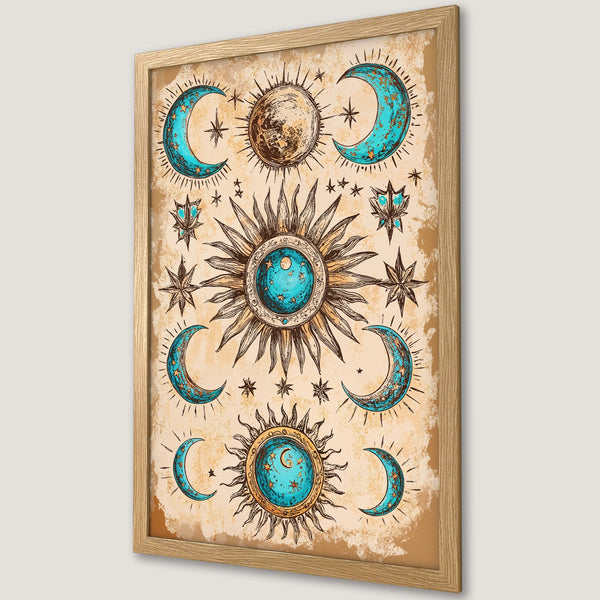 Framed Poster featuring celestial design with sun, moons, and stars in teal and gold on a vintage-style background. Perfect wall art!